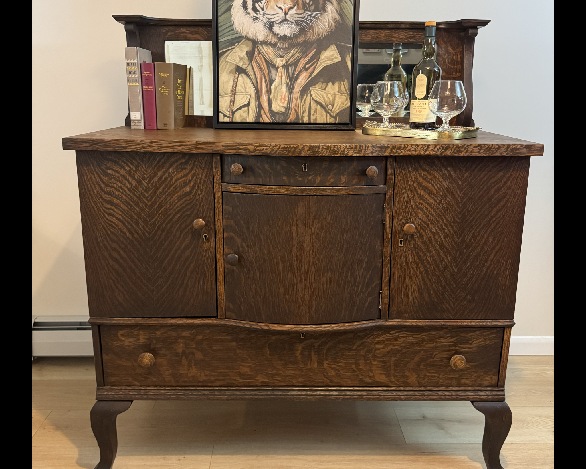 Antique Tiger Oak Mirrored Bar Cabinet