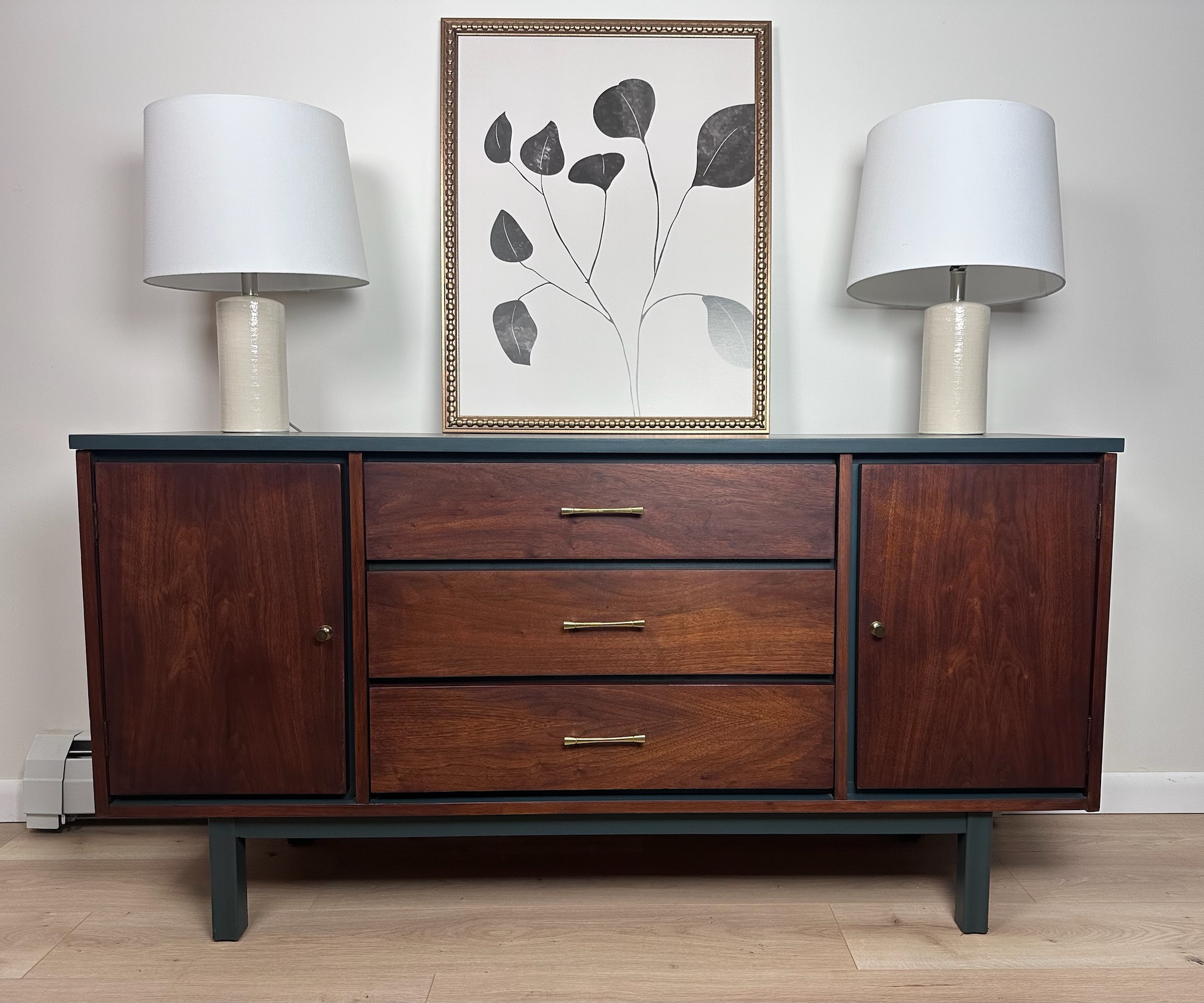 Mid-Century Modern 1940s Green Refurbished Cabinet Buffet Credenza 