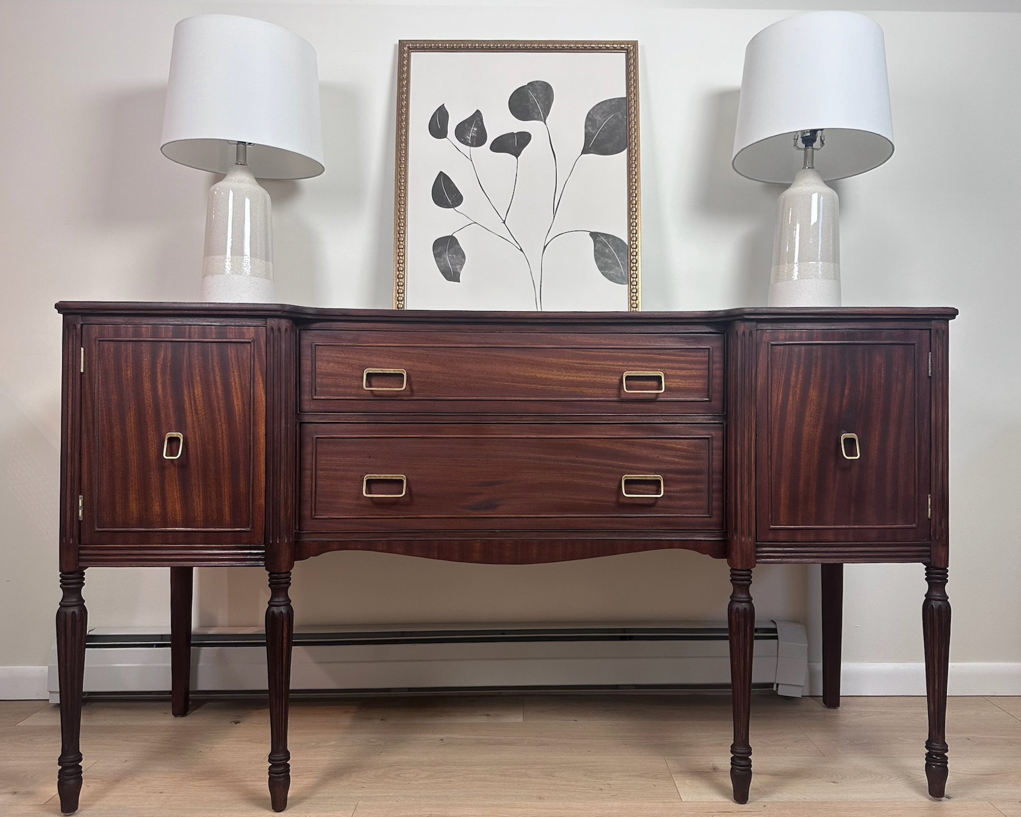 Antique Tiger Wood Buffet Hepplewhite Sideboard with Fluted Legs