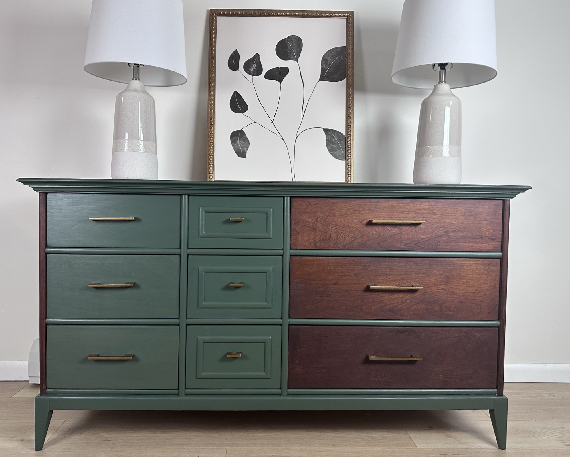 Mid-Century Modern 9-Drawer Mahogany and Green Dresser